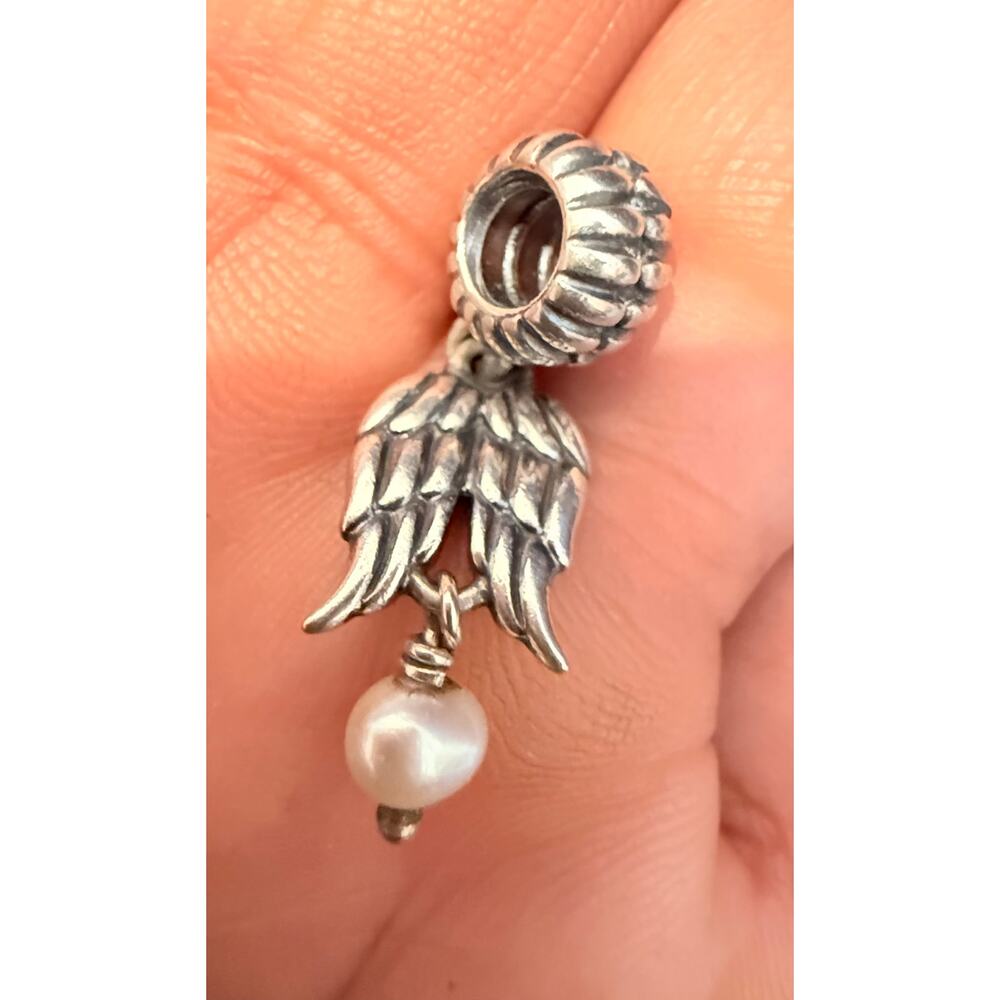 Authentic Pandora Sterling Silver Angel Wings Pearl Dangle Charm